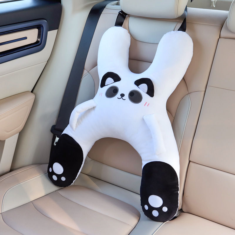 Thumbnail: Panda-themed kids car neck pillow attached to a seat belt.