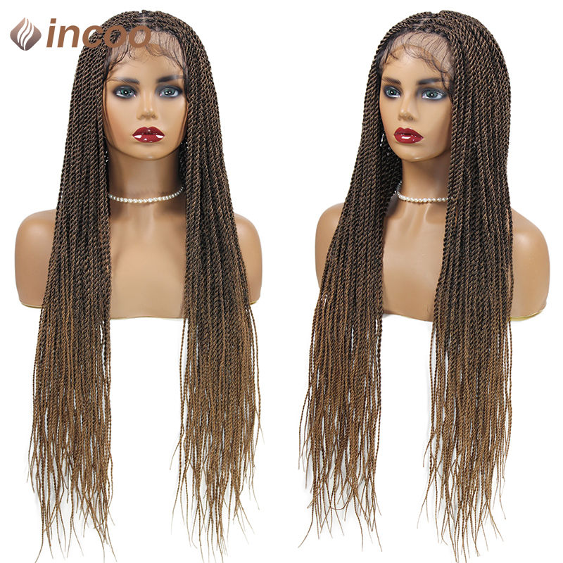 Thumbnail: Long brown braided lace front wig on a mannequin