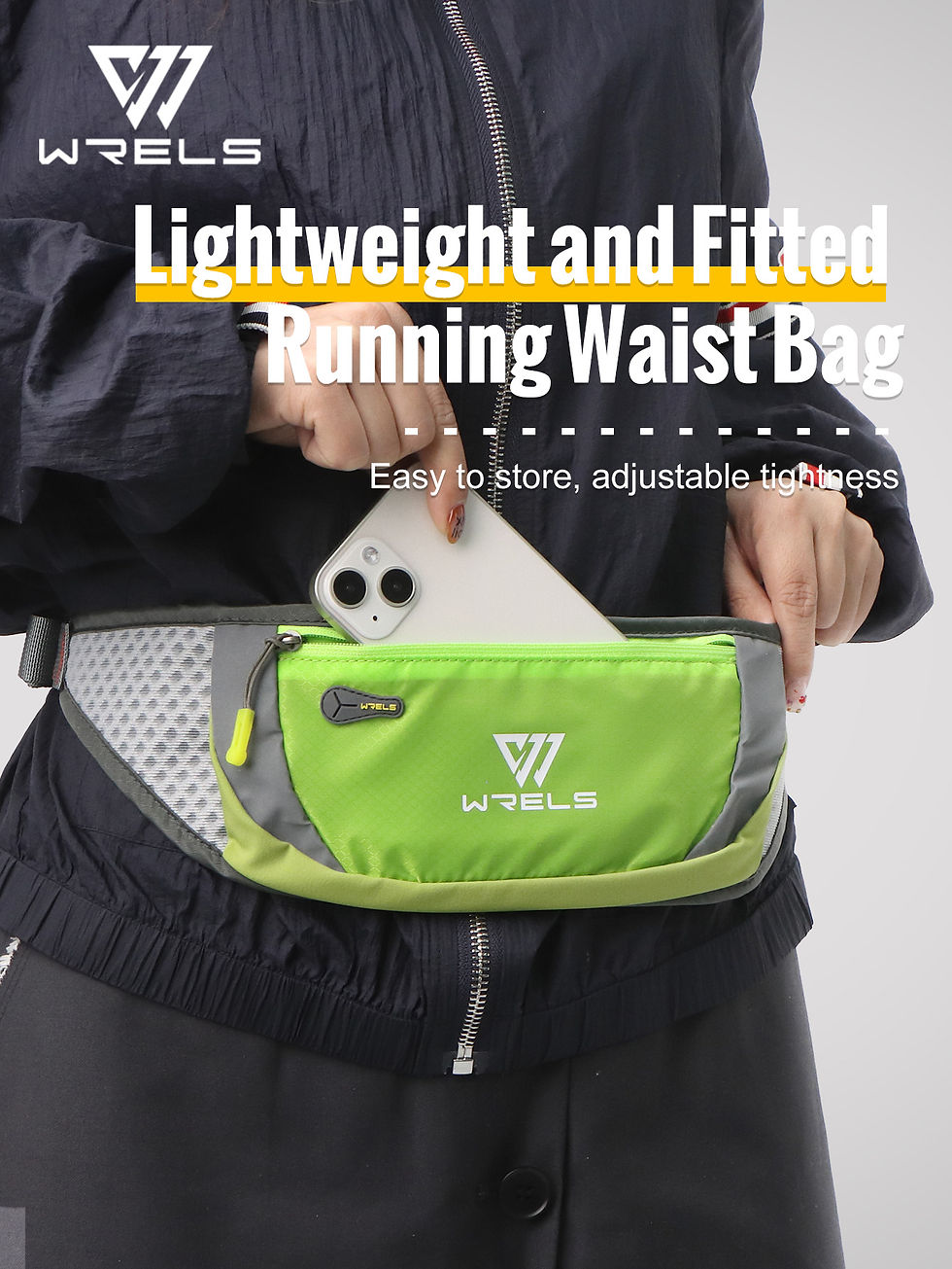 Thumbnail: WRELS slim running waist bag with phone being inserted.