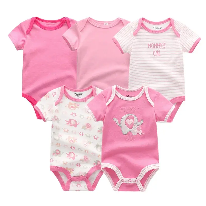 Thumbnail: Five pink baby rompers, short sleeve cotton O-Neck, 5pcs/Lot Unisex 0-12m clothing collection.