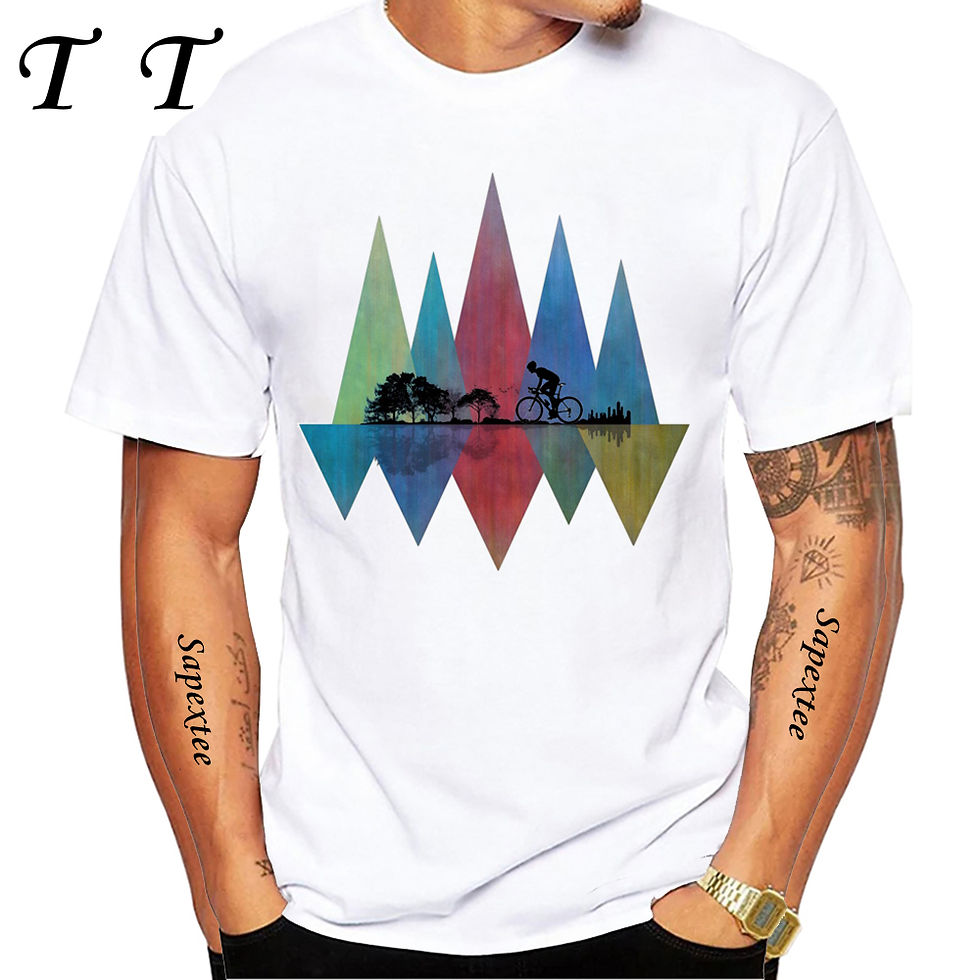 Thumbnail: Men wearing white bikepacking t-shirt with geometric mountains