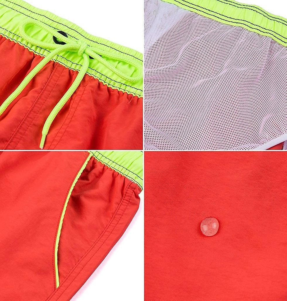 Thumbnail: Details of red and lime green quick dry swim shorts.
