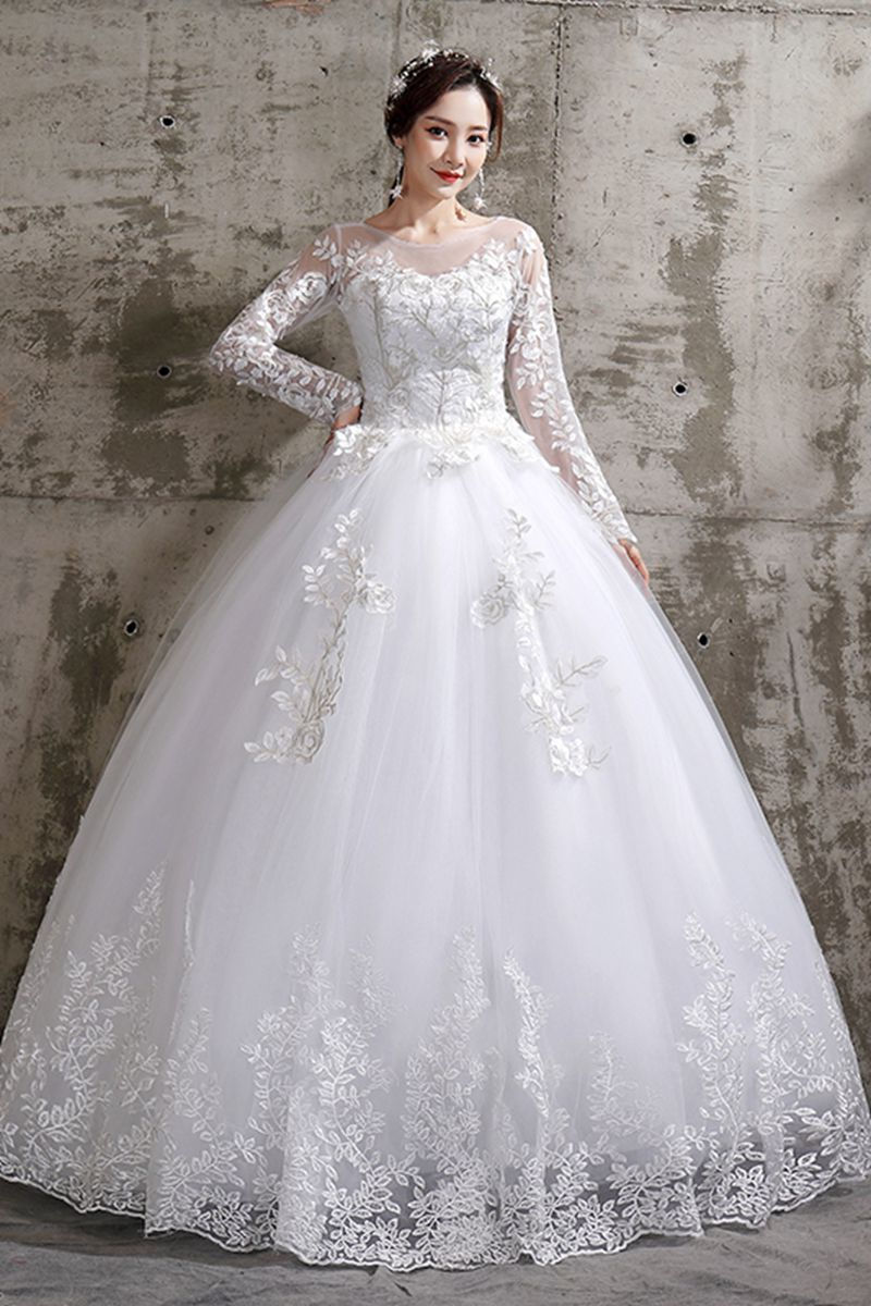Thumbnail: Plus size white dreamy flower wedding dress with lace sleeves