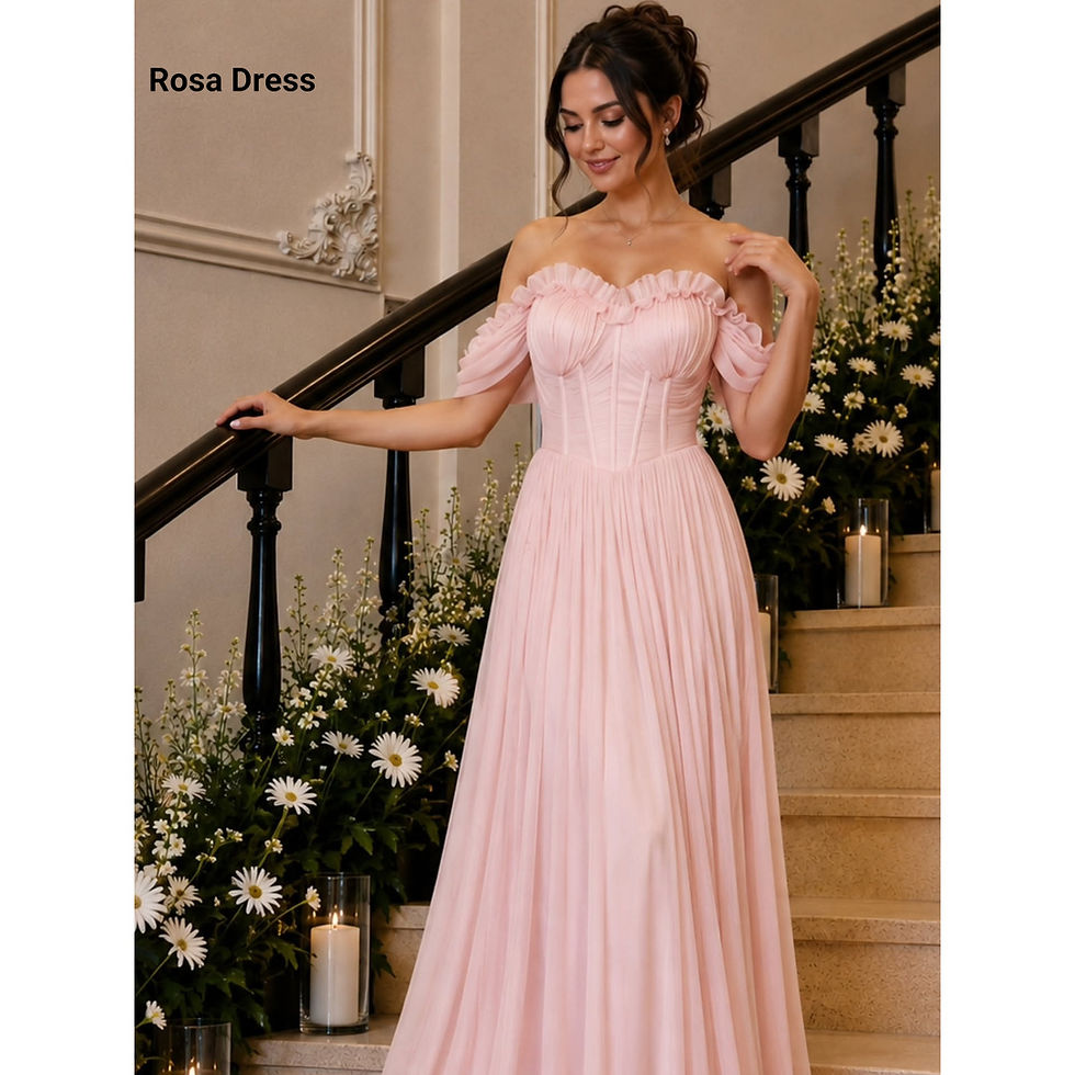 Woman in a pink A-line off-the-shoulder prom dress on stairs