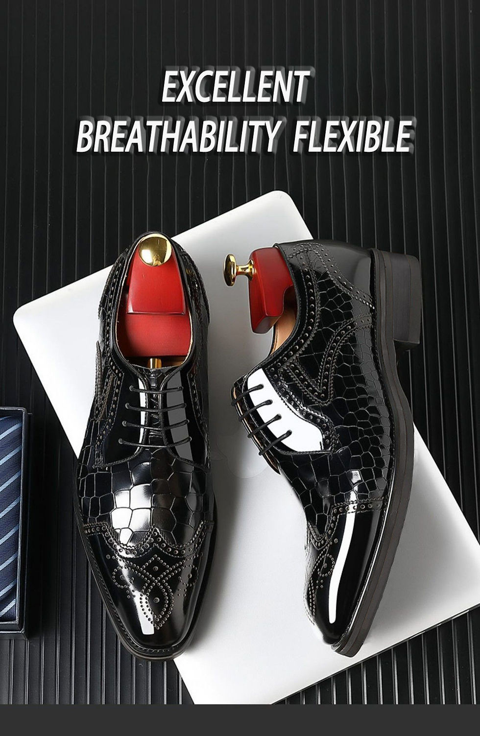 Thumbnail: Black leather men's dress shoes with breathable texture.