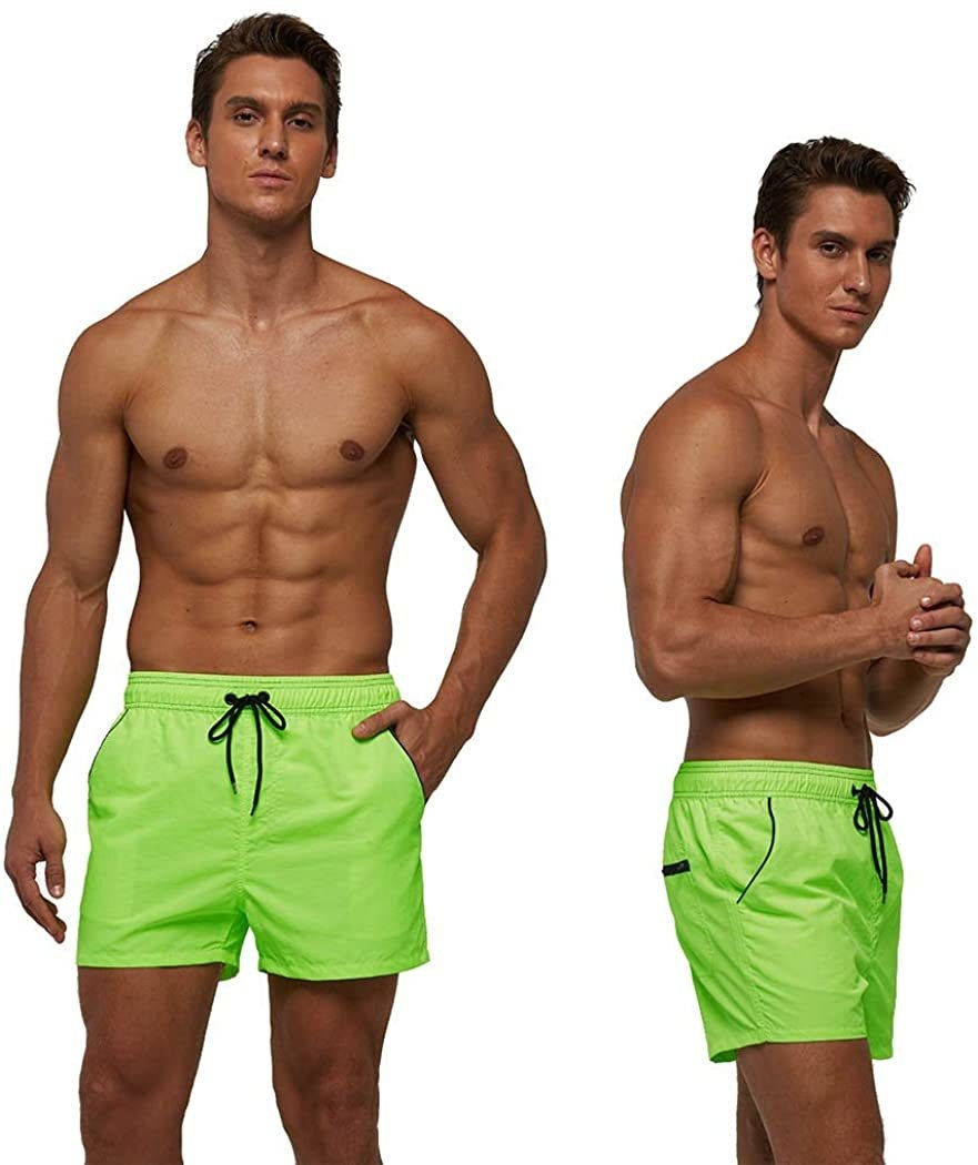 Thumbnail: Men's quick-dry neon green swim shorts front and side view