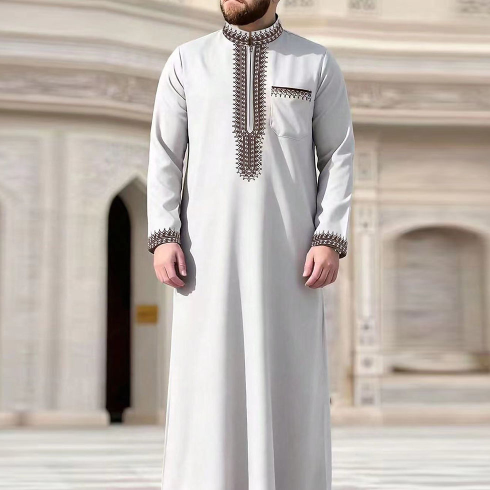Thumbnail: Men's light grey embroidered thobe with long sleeves