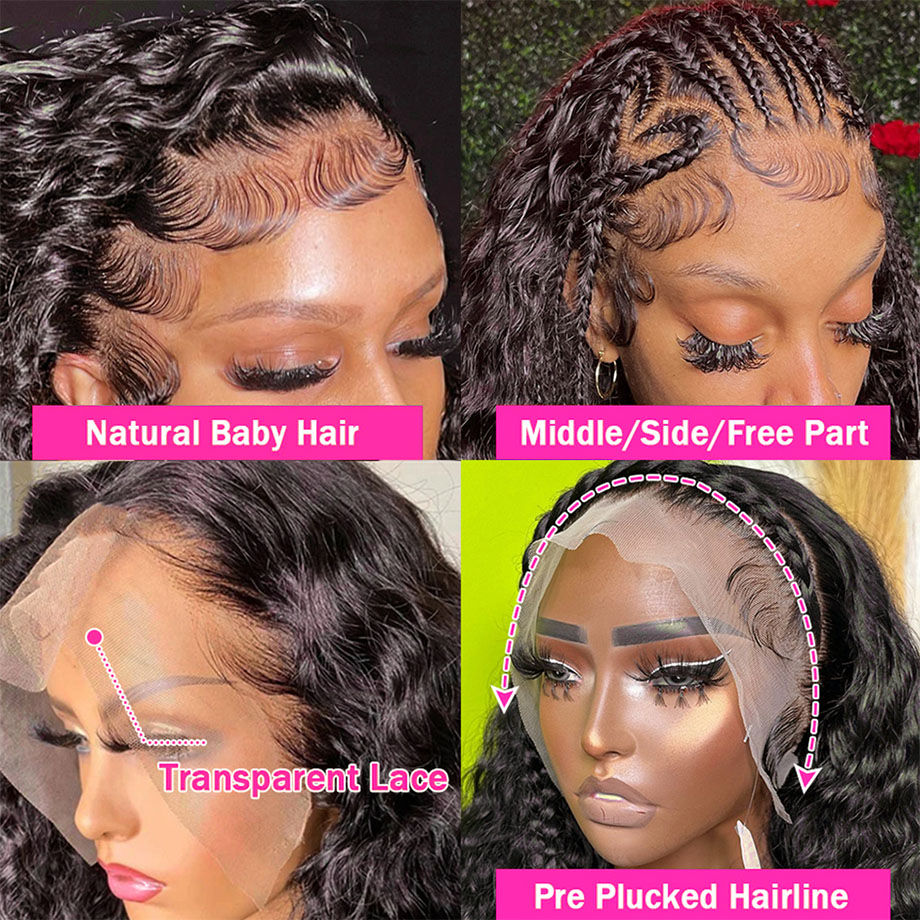 Lace front wig features: baby hair, parting, and pre-plucked hairline.