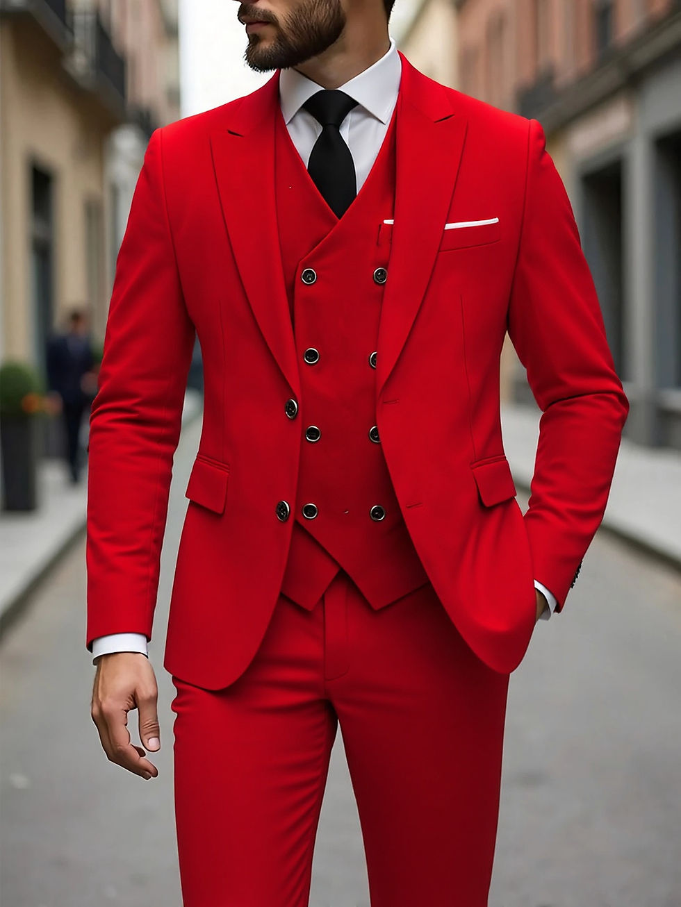 Thumbnail: Slim fit red 3-piece tuxedo for men with double-breasted vest