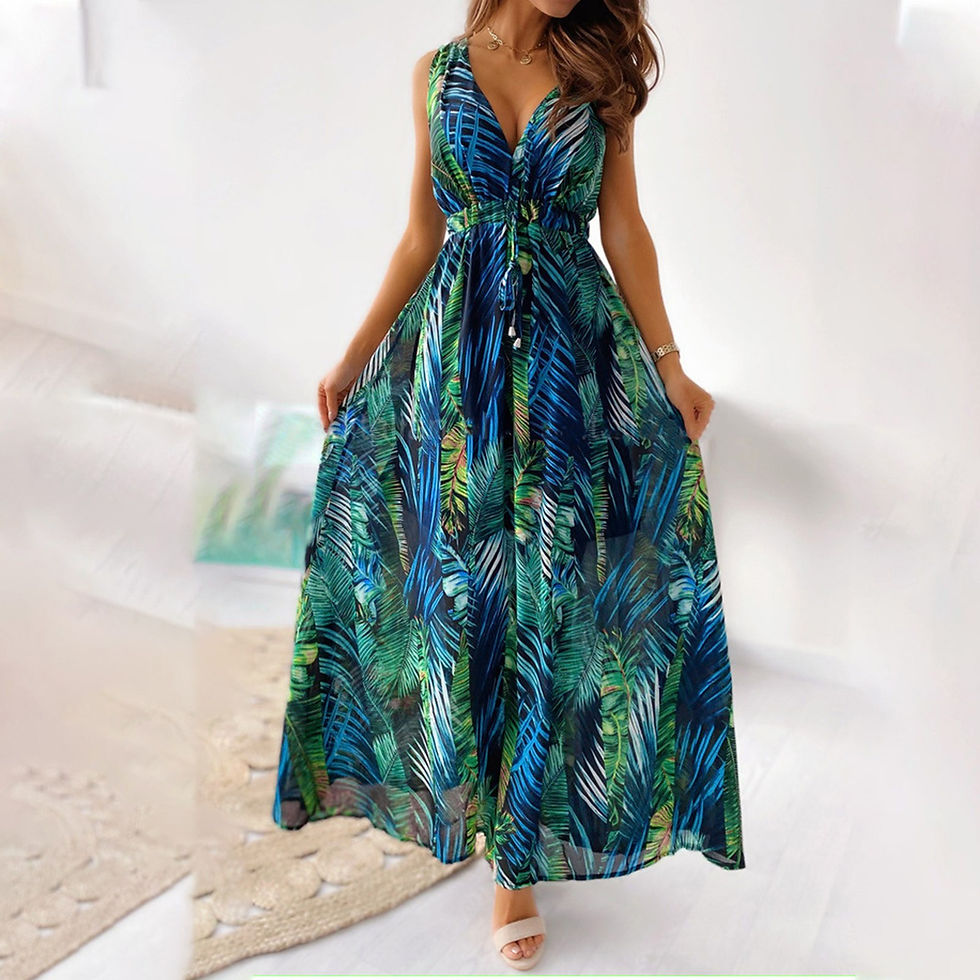 Thumbnail: Floral long dress in French style with blue and green print