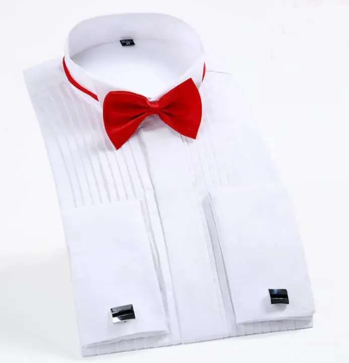 Thumbnail: White slim fit tuxedo shirt with red bow tie and cufflinks.