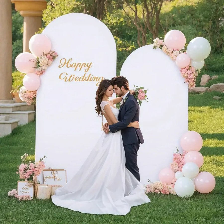 Bride and groom by white arch backdrop with balloons