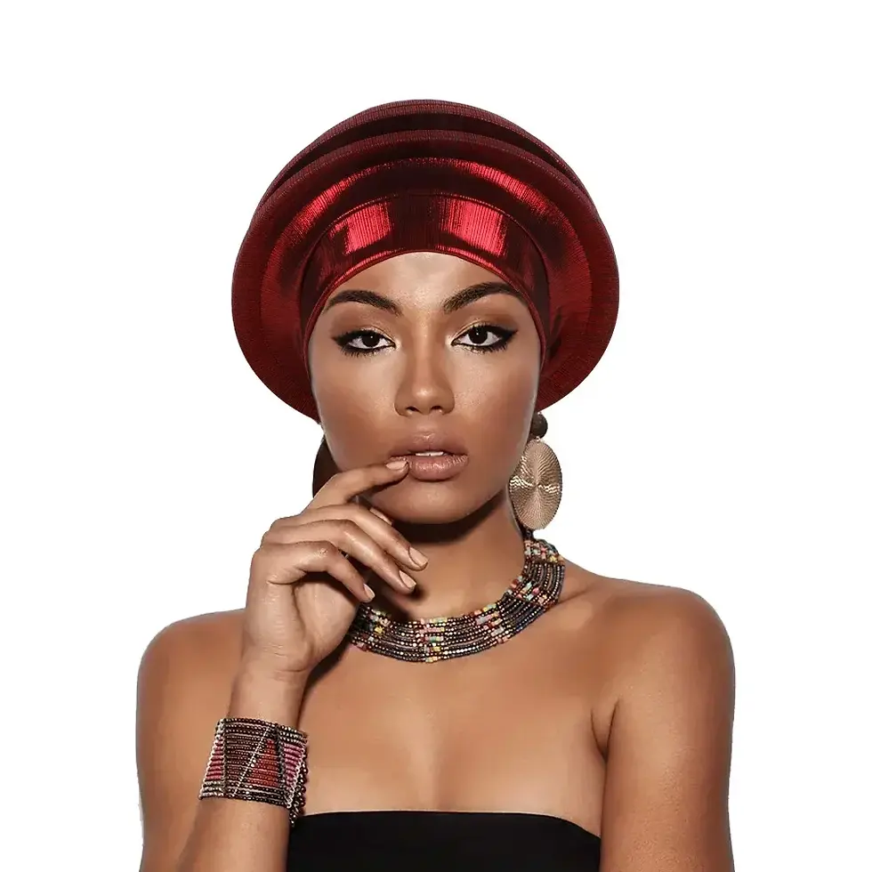 Thumbnail: Woman wearing an elegant red spiral beret head wrap.