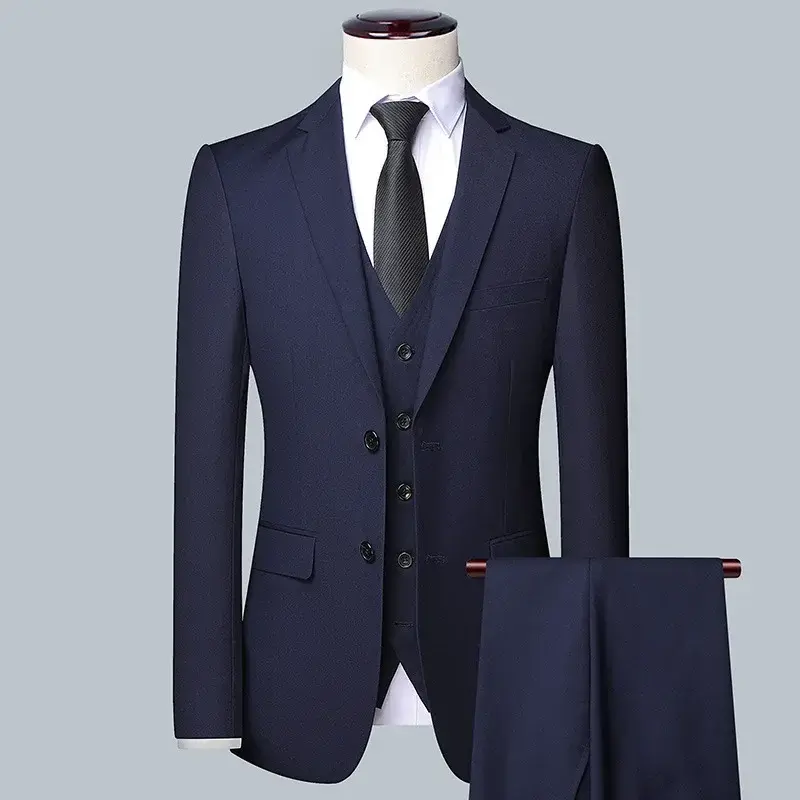 Navy three-piece men's business suit with blazer, vest, and trousers.