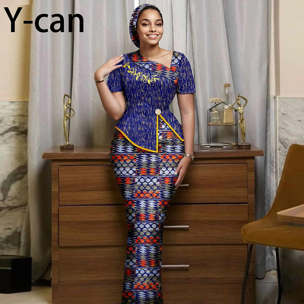 Thumbnail: Woman in blue African short sleeve slit top and slim skirt