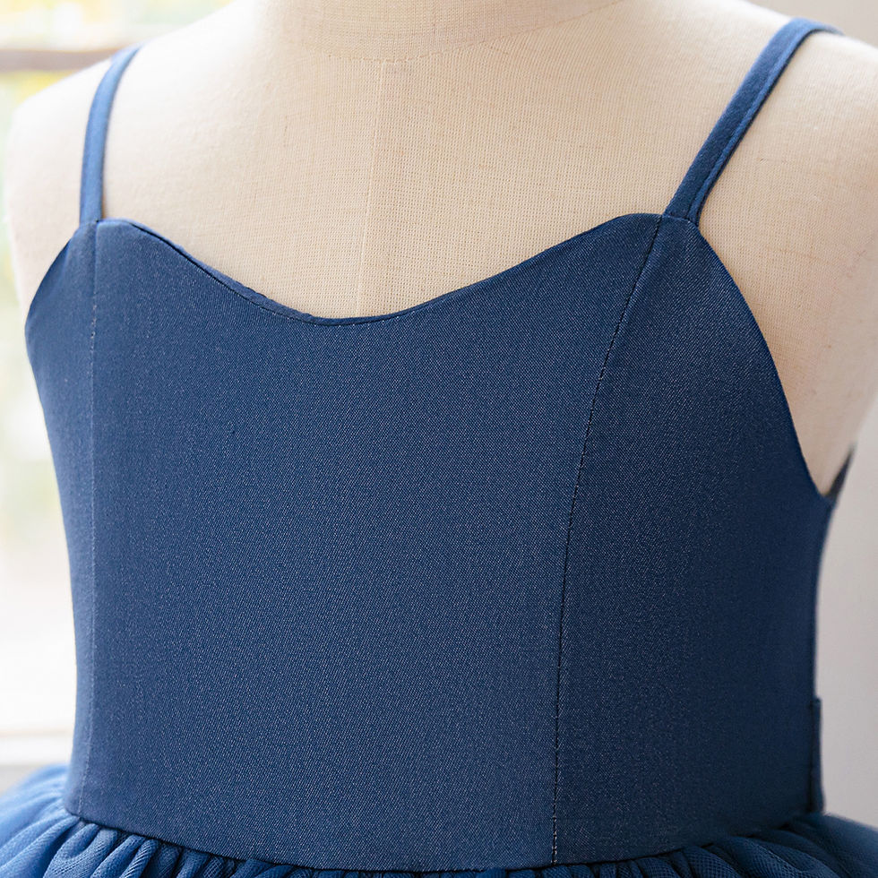 Thumbnail: Close-up of a navy blue princess prom dress bodice.