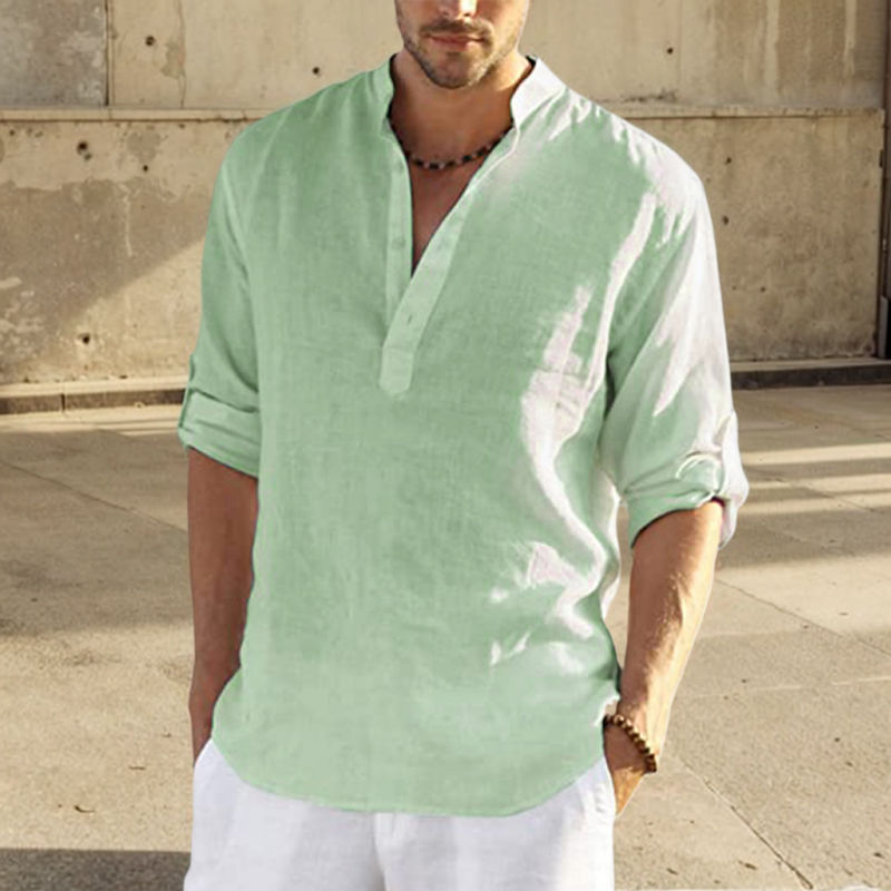 Thumbnail: Man wearing a light green cotton linen shirt with stand collar.