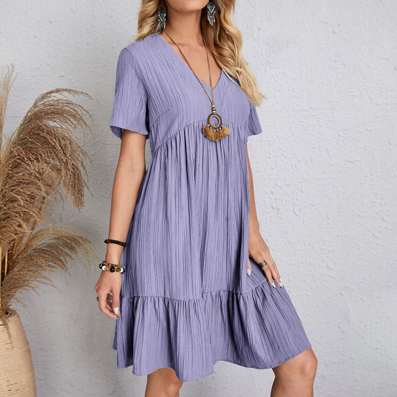 Vintage purple V-neck summer dress with high waist