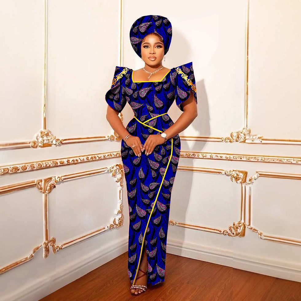 Thumbnail: Luxury African evening gown in blue with gold accents