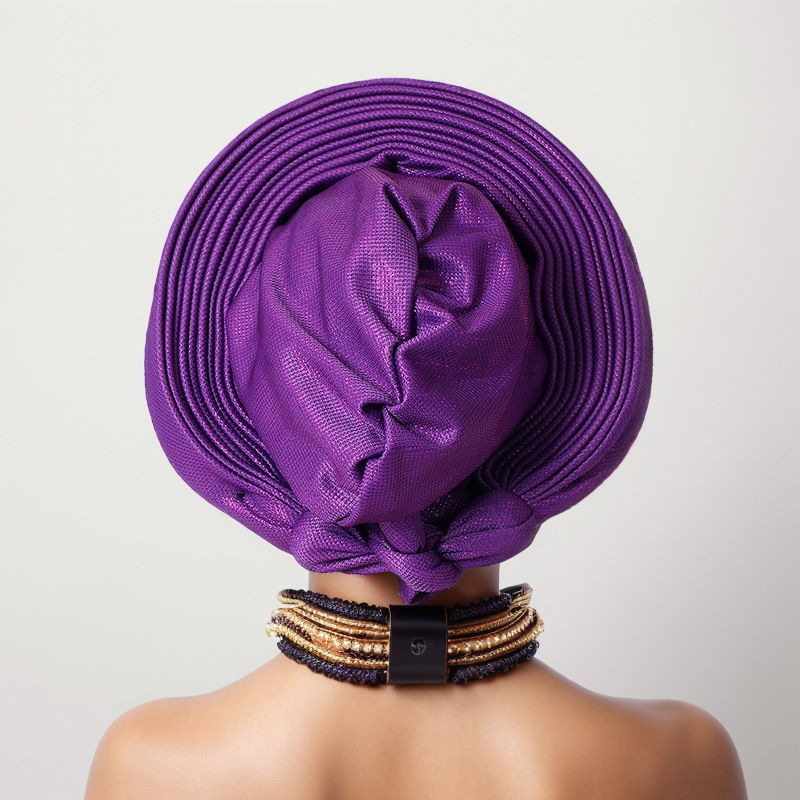 Thumbnail: Back view of purple pleated Aso Oke Nigerian Gele headtie