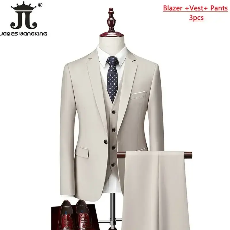Thumbnail: Beige 3-piece formal men's suit with jacket, vest, and pants.