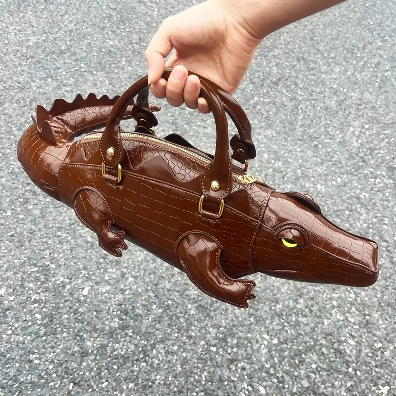 Thumbnail: Luxury alligator-shaped designer purse in brown PU leather.