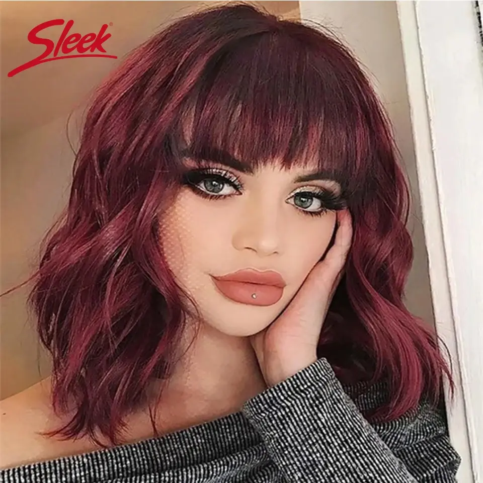 Thumbnail: Sleek model wearing Short Bob Wig, red hair, gazing at camera, elegant makeup, smiling.