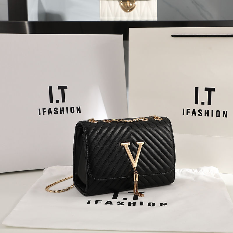 Thumbnail: Black embroidered luxury handbag with V logo and I.T IFASHION bags