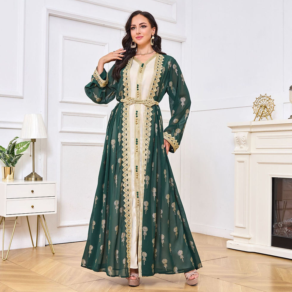 Thumbnail: Woman in green embroidered Arabian clothing robe dress