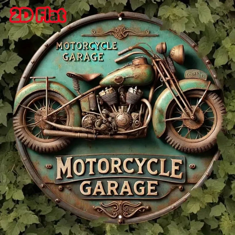 Round vintage motorcycle garage metal sign with 2D bike.