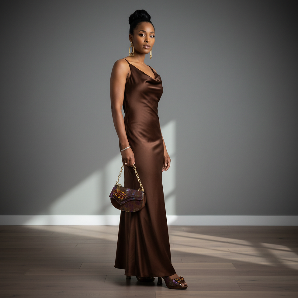 Thumbnail: Woman in brown satin wedding guest dress with matching bag