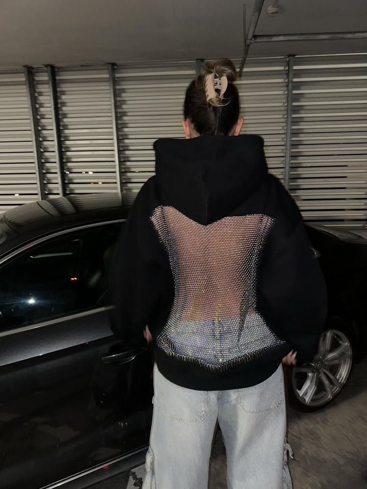 Thumbnail: Back view of black rhinestone mesh transparent hoodie