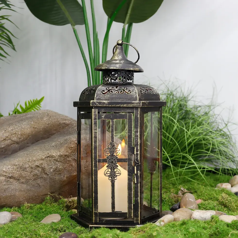 Vintage Nordic metal lantern with candle in garden setting