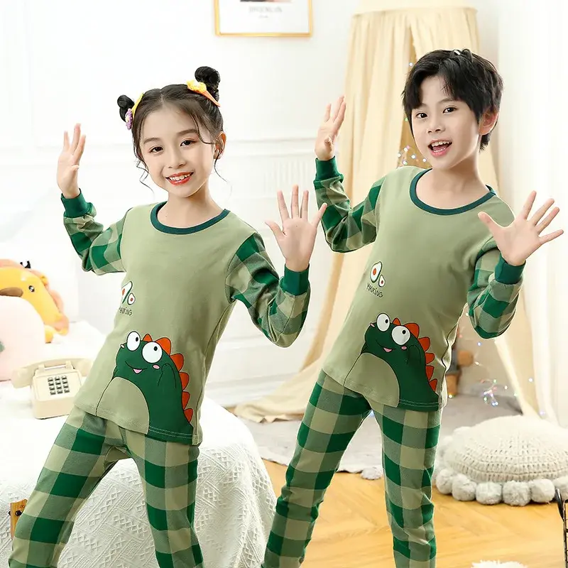 Thumbnail: Two children wearing Cotton Kids Pyjamas Suit Boy Girl Sleepwear Nightwear Pajama Set smiling happily