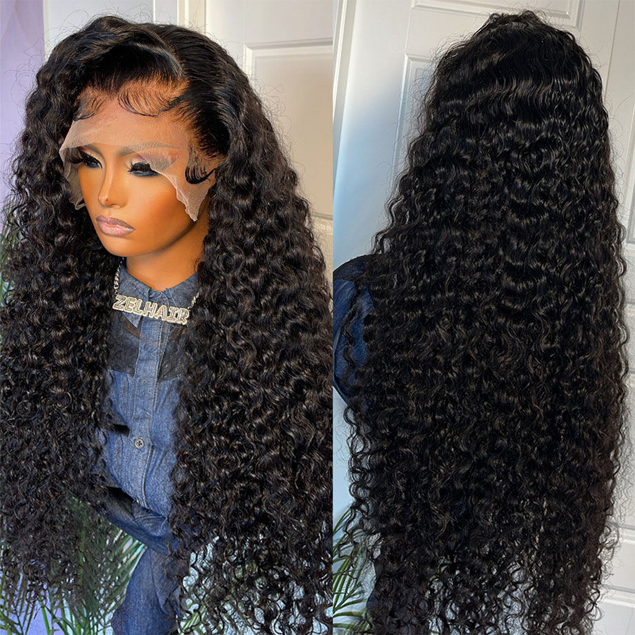 Thumbnail: Long black curly lace front wig on a mannequin
