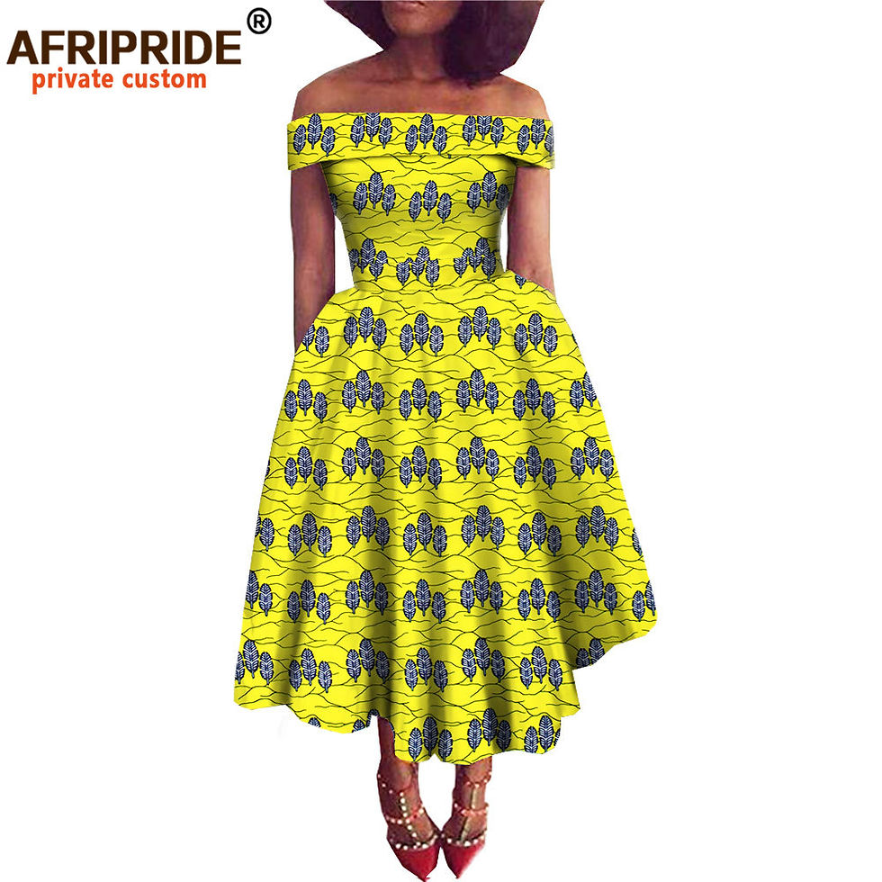Thumbnail: Yellow off-shoulder Ankara print African dress for women