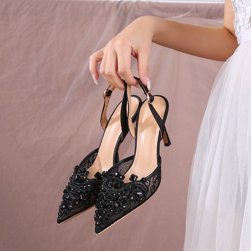 Thumbnail: Black lace pearl beaded high heels for bridesmaids
