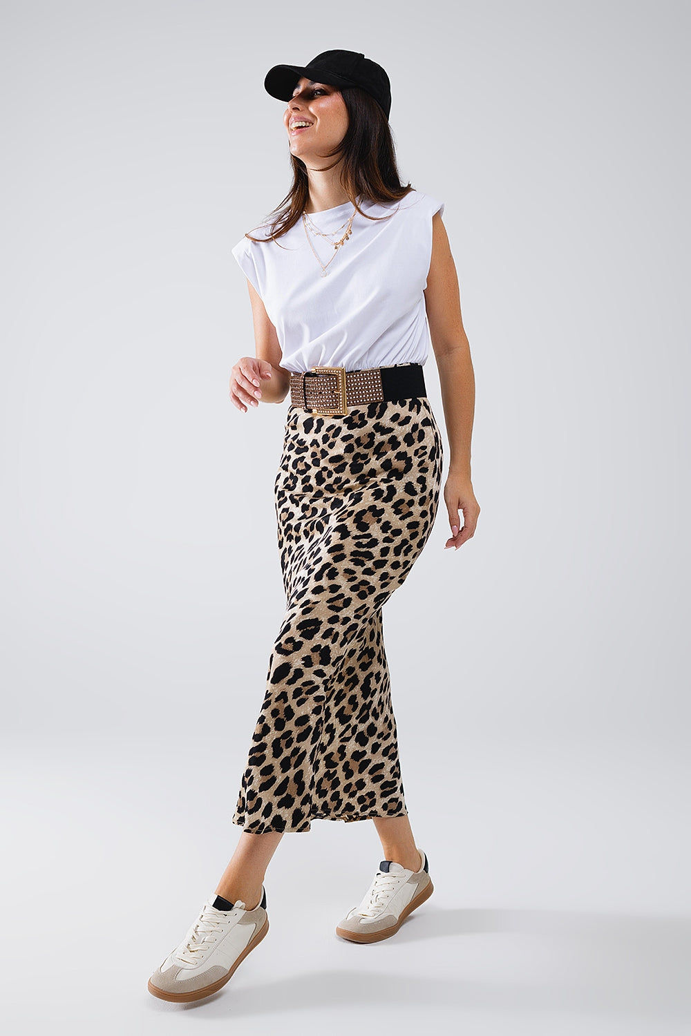 Woman wearing a white top and leopard print skirt, Satin-Finish Contrast Midi Dress.