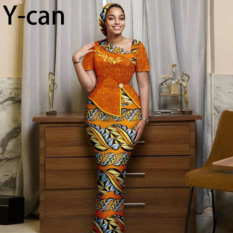Thumbnail: Woman in orange African skirt set luxury gown by Y-can