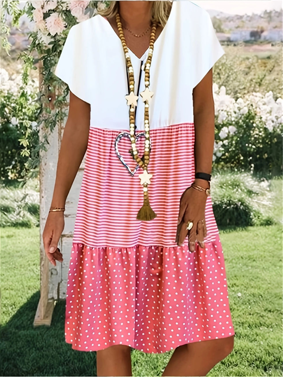 Thumbnail: Pink and white color-block polka dot V-neck dress