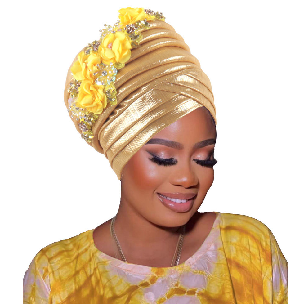 Gold Nigeria auto gele headtie with yellow floral accents