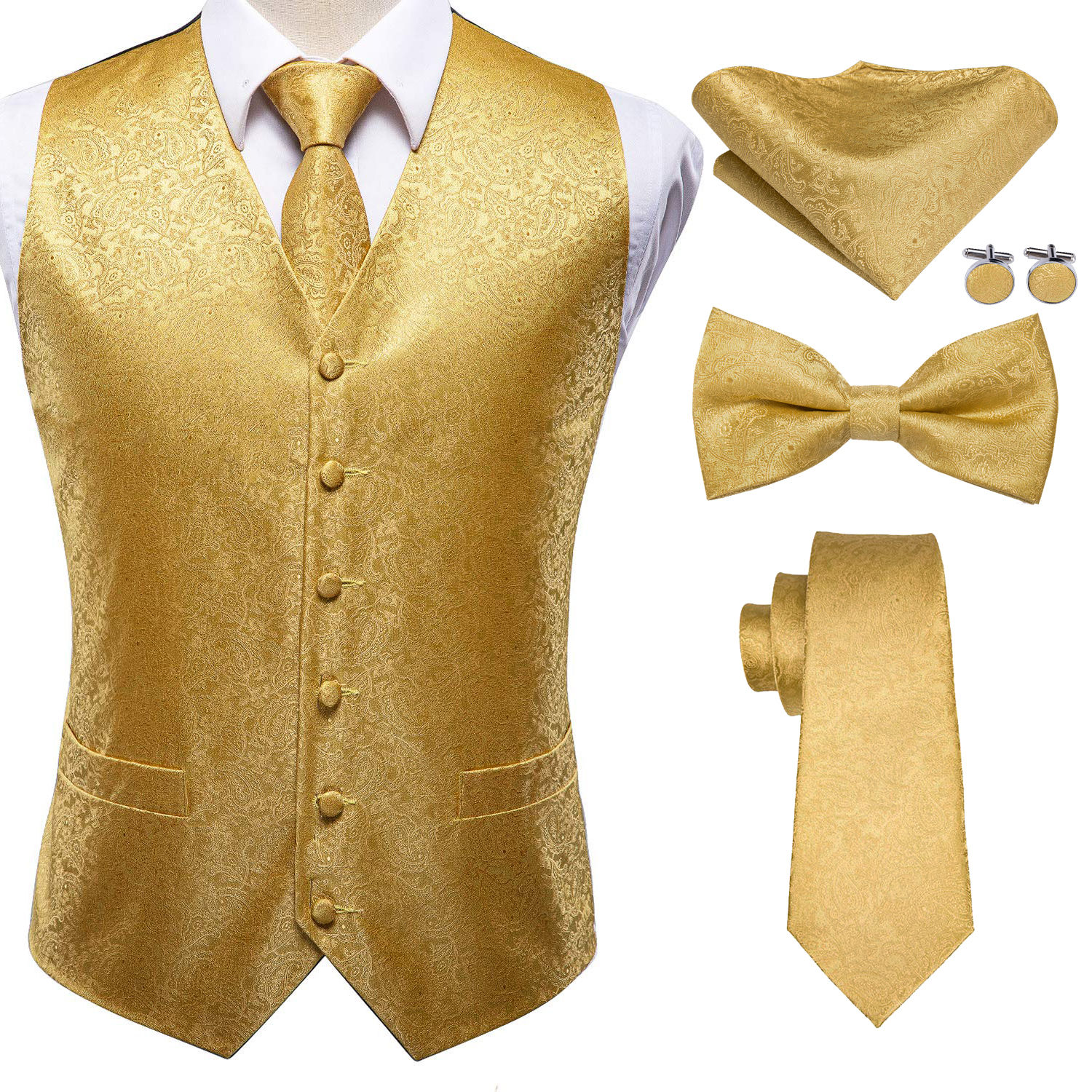 Luxury gold paisley mens suit vest with matching tie and bowtie