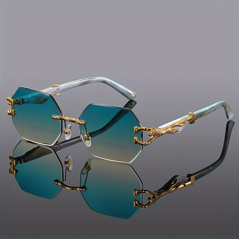 Thumbnail: Rimless geometric sunglasses with blue-to-yellow gradient lenses.