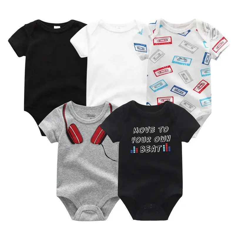 Thumbnail: 5pcs/Lot Unisex Top Quality Baby Rompers Short Sleeve Cotton O-Neck 0-12m. Various baby rompers laid out.