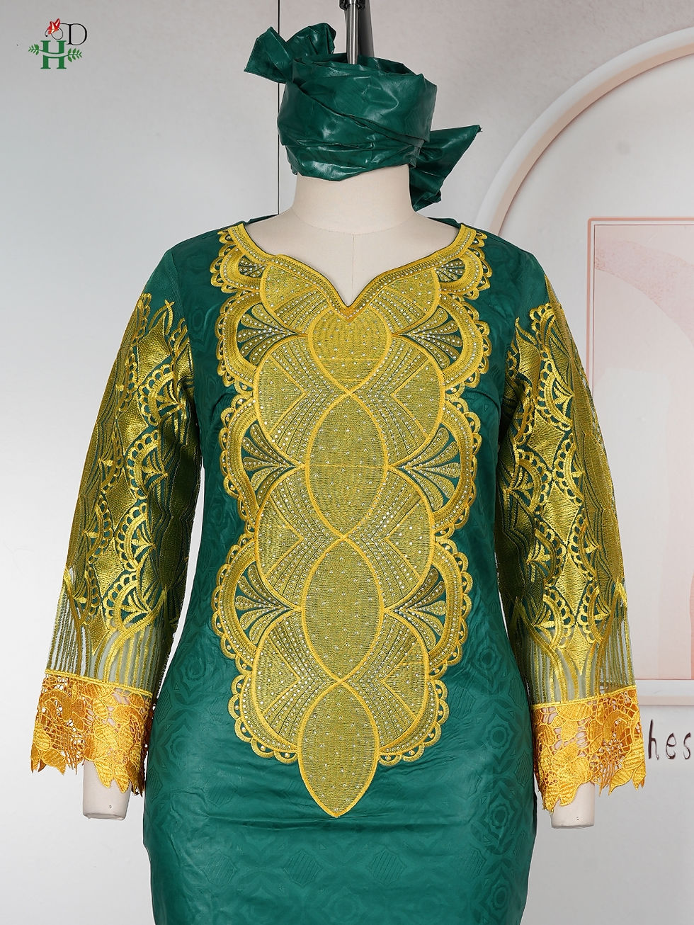 Thumbnail: H&D green and gold traditional embroidered African dress