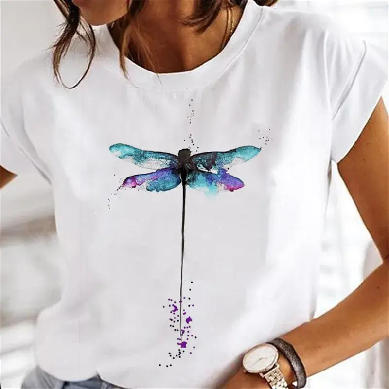Thumbnail: Women's short-sleeved t-shirt with blue dragonfly print