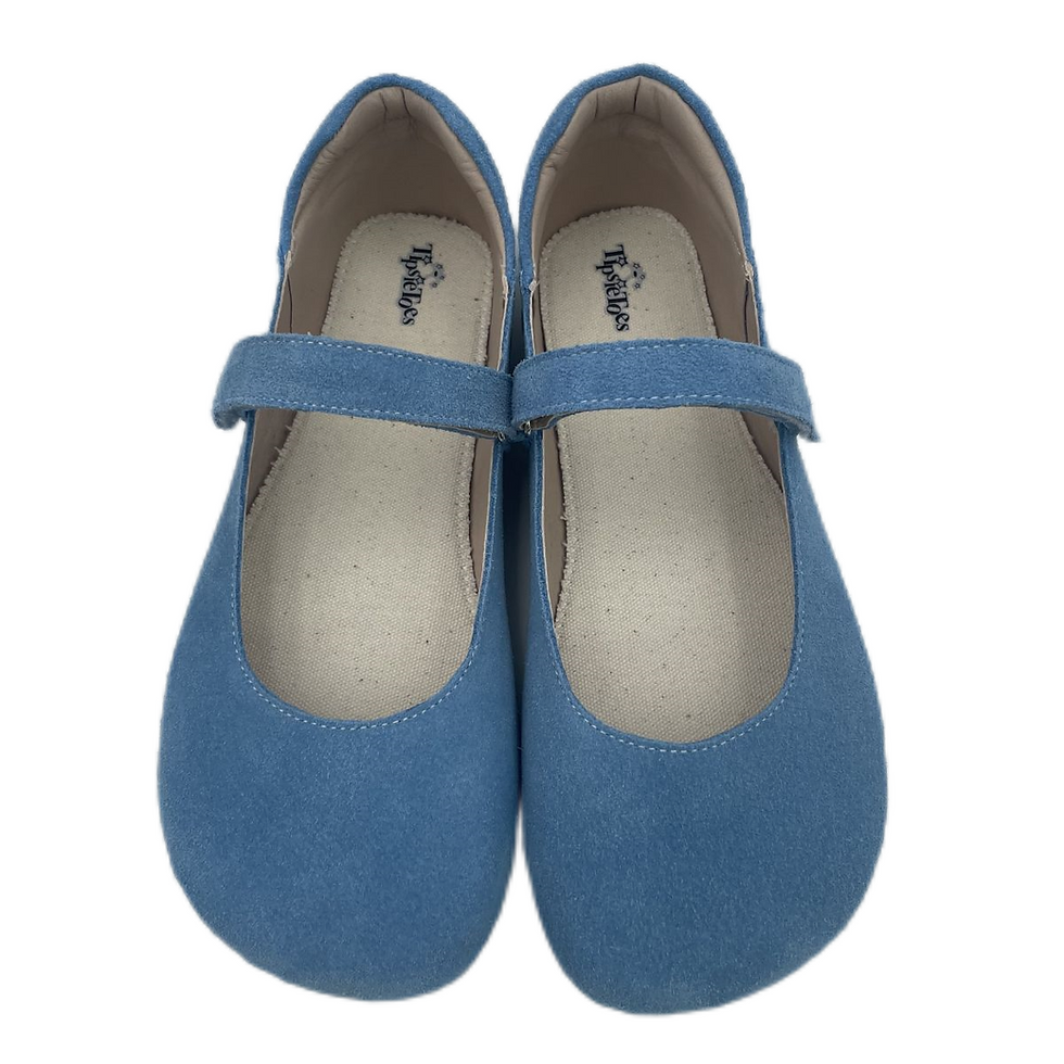 Thumbnail: Blue suede Mary Jane flats with ankle straps