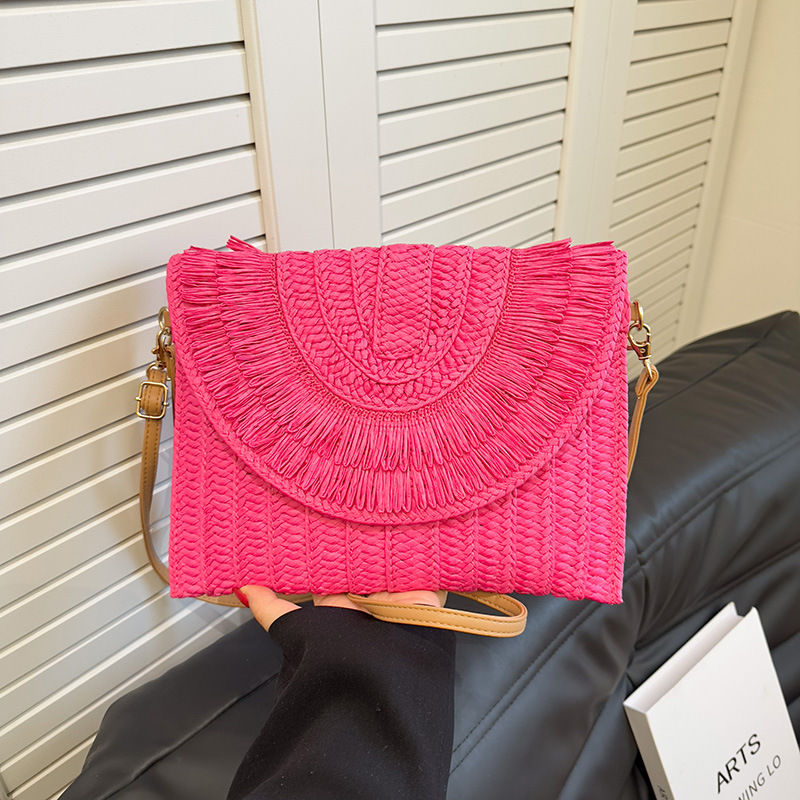 Pink handmade straw weave clutch bag with summer flap