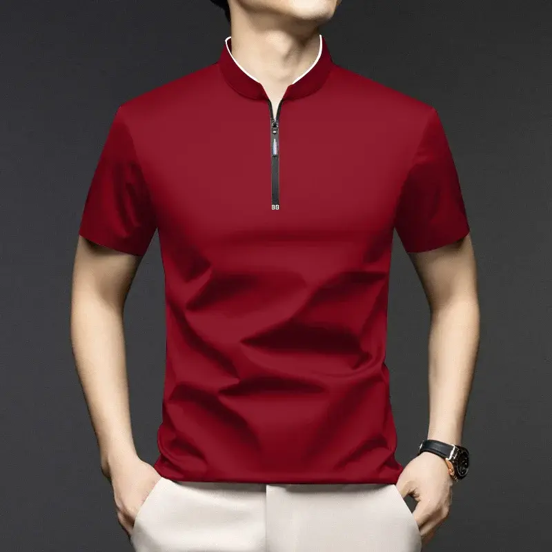 Thumbnail: Red short-sleeved zipper polo shirt with stand collar