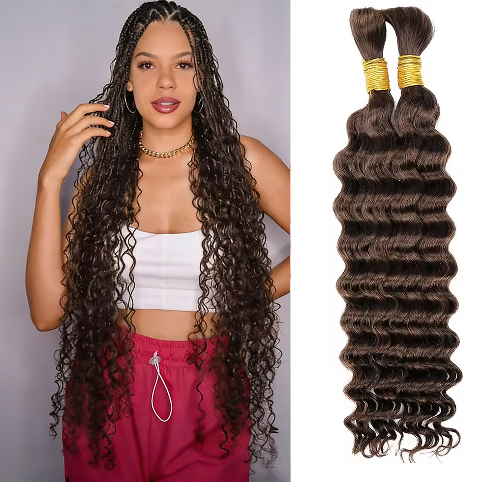 Thumbnail: Model wearing #4 medium brown deep wave hair extensions